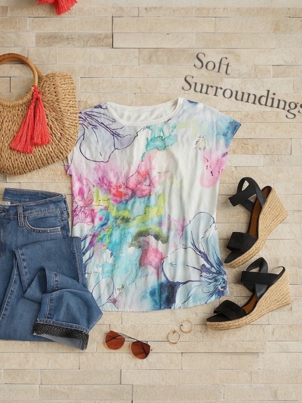 Soft Surroundings Multicolor Watercolor Design Shirt Sz. XL